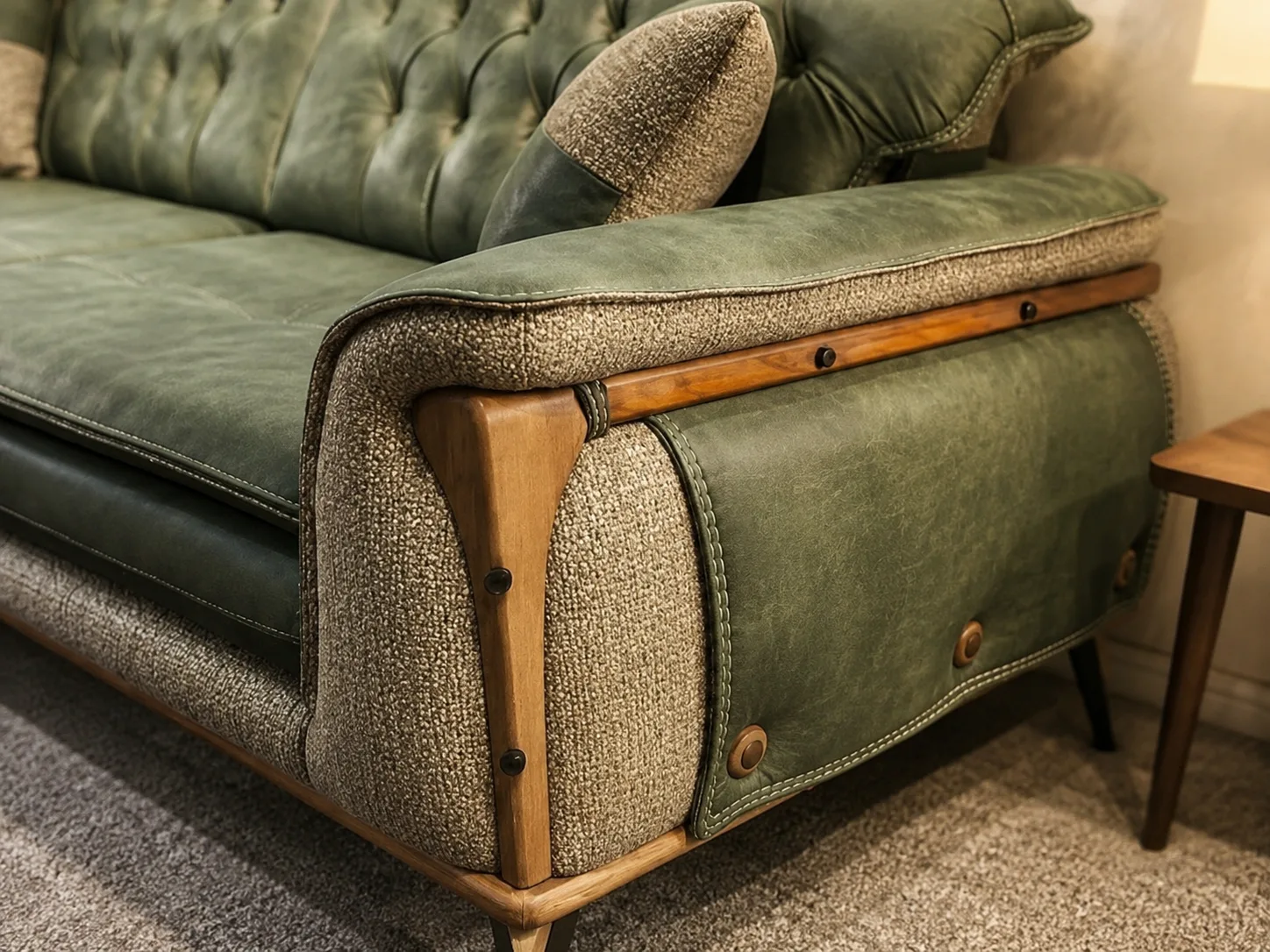 Close detail of green upholstered furniture with a timber arm frame and leg