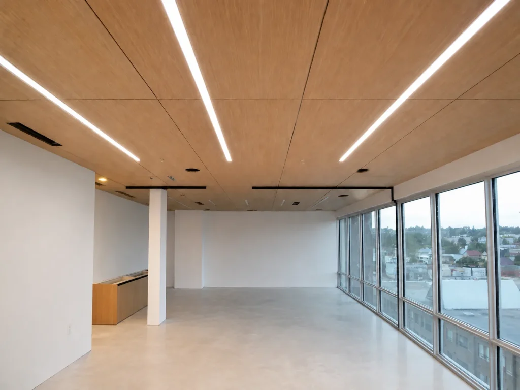 Wide installation view of a light wood panelled ceiling with integrated linear lighting above an open interior