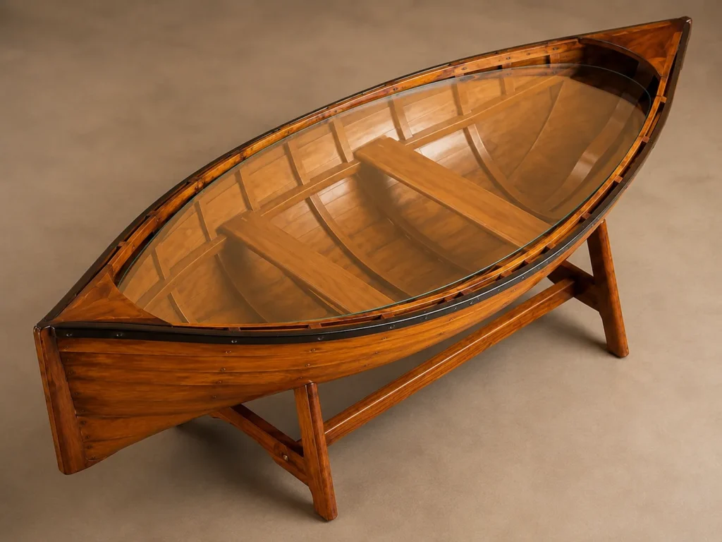 Angled view of a boat-inspired wood and glass coffee table with tapered ends and low wood base