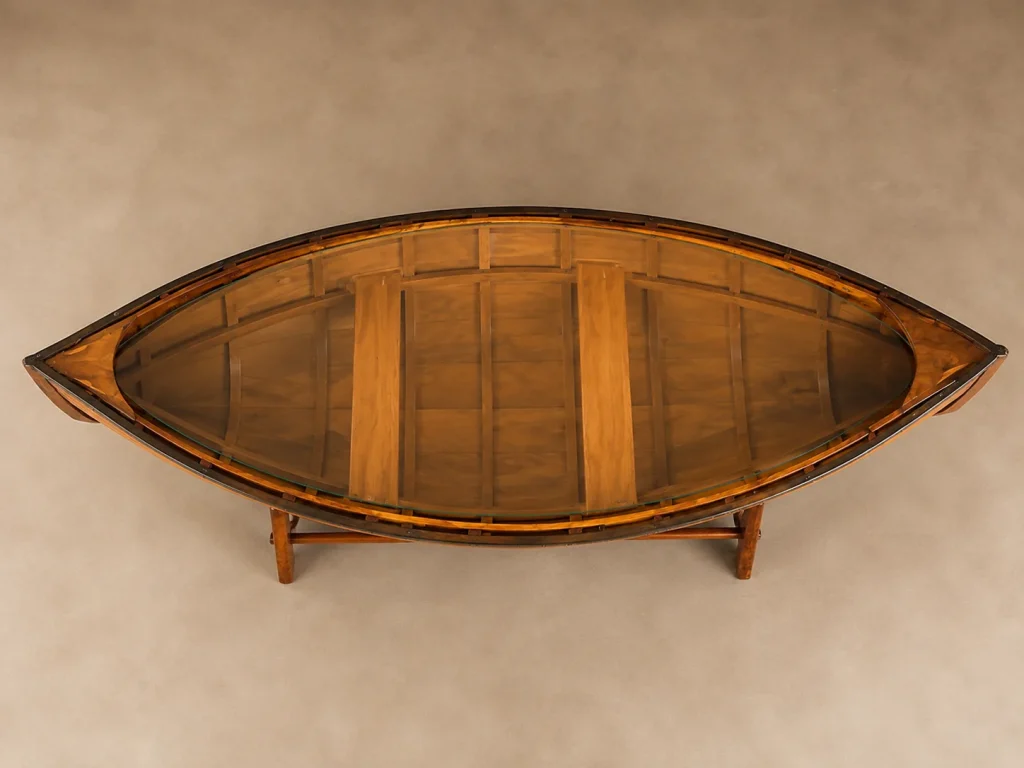 Overhead view of a boat-inspired wood coffee table with a curved glass top and visible interior framework