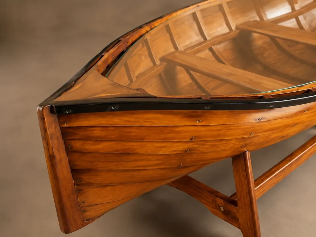 Close side detail of the wood planks, dark perimeter rail, glass top, and exposed fasteners on a boat-inspired coffee table